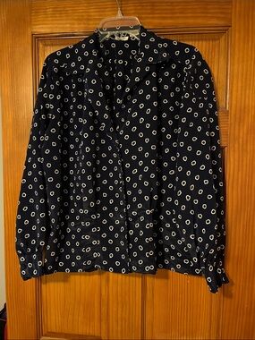 Oscar de la Renta Navy Blouse with White Abstract Dot Print